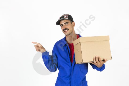 Young delivery person holding a box for shipment, showcasing fast and efficient delivery services