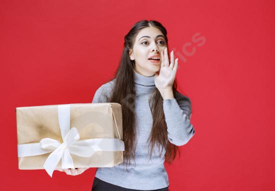 A girl holding and inviting someone to present a cardboard gift box. Perfect for themes of celebration, gifting, and surprises