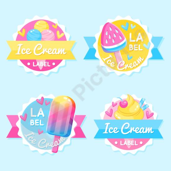 Flat design ice cream label pack, perfect for dessert branding, sweet packaging, and summer-themed product designs in a fun colorful style.