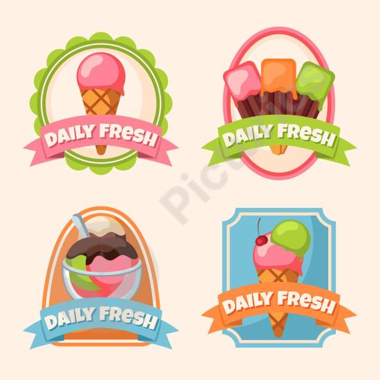 Set of colorful ice cream labels, perfect for dessert packaging, summer treats, or branding for frozen sweet products and ice cream shops.