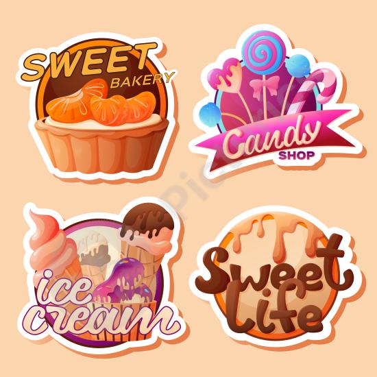 Cartoon-style emblem set with candy, lollipops, ice cream, and bakery icons—perfect for sweet shop branding, packaging, and fun designs.