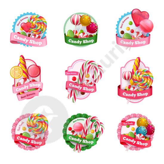 Set of candy shop emblems, perfect for branding, packaging, and logos for sweet shops, dessert businesses, and fun confectionery designs.