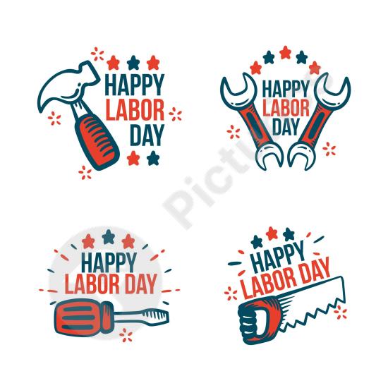 Hand-drawn label collection for U.S. Labor Day, ideal for festive graphics, worker appreciation, holiday promotions, and patriotic themes.