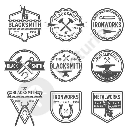 Vintage-style black emblems inspired by ironworks, perfect for industrial branding, retro logos, or handcrafted product labels.