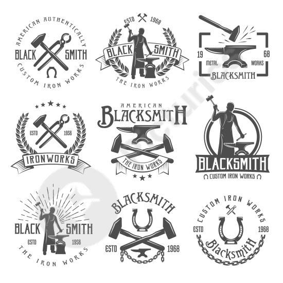 Set of vintage blacksmith emblems with retro style, ideal for forge branding, metal workshops, or handcrafted product labels.