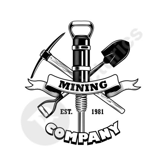 Vector illustration of coal miner tools including crossed pick, shovel, and pneumatic hammer, ideal for mining industry and equipment designs.