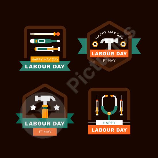 Collection of flat style badges for Labor Day, perfect for holiday promotions, worker appreciation, and festive design projects.