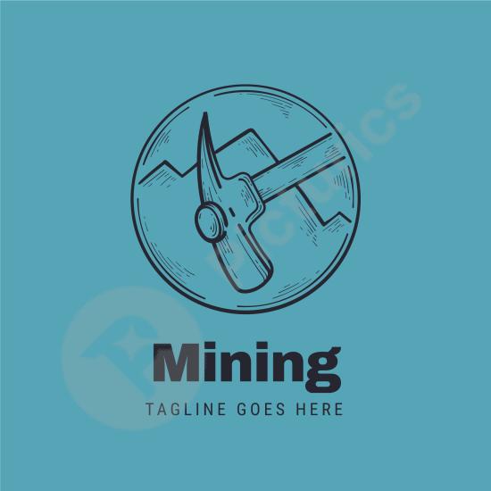 Hand-drawn mining logo template featuring classic tools and helmet, ideal for mining companies, construction, or industrial brands.