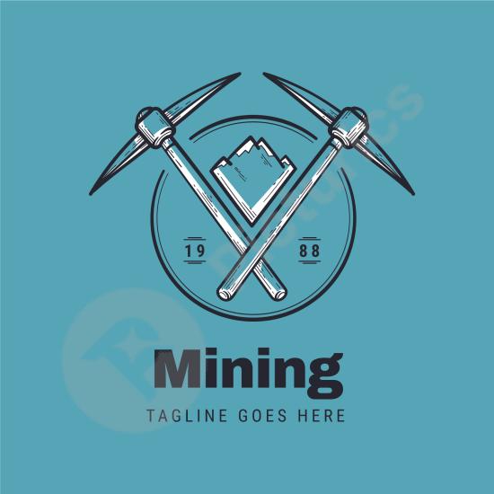 Hand-drawn mining logo design with industry tools and helmet, ideal for mining companies, construction firms, and industrial branding.