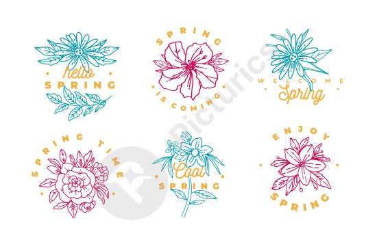 Collection of spring floral badges in cool pastel tones. Perfect for seasonal designs, nature branding, and decorative graphics.