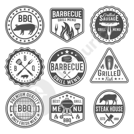 Black and white BBQ emblem design, ideal for barbecue restaurants, grill menus, meat branding, and cooking event promotions.