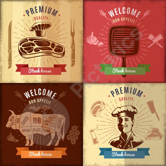 Vintage steak house poster design perfect for restaurant menus, BBQ events, meat branding, and grill-themed advertising.