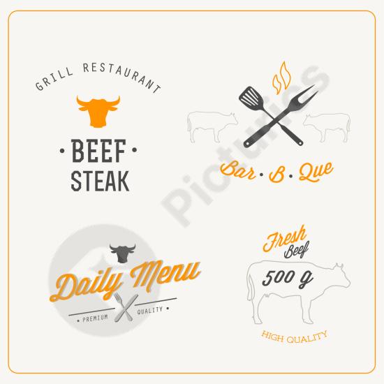 Set of four restaurant logo designs with versatile styles, ideal for cafes, grills, BBQ spots, and food branding projects.