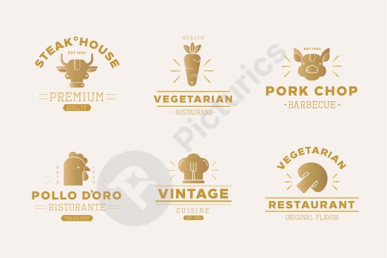 Set of golden retro restaurant logos, perfect for vintage diners, cafes, and classic food branding with elegant gold accents.