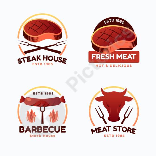 Set of gradient BBQ logo templates featuring modern grill designs, perfect for restaurants, food branding, and barbecue promotions.