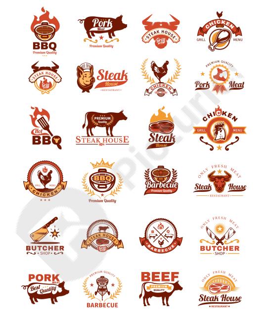 Set of grill and BBQ badge stickers with vintage emblems, perfect for branding, packaging, and barbecue event promotions.