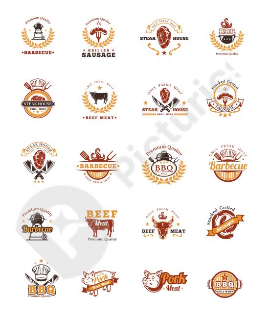 Set of grill and BBQ badge stickers with vintage emblems, ideal for branding, packaging, and barbecue event promotions.