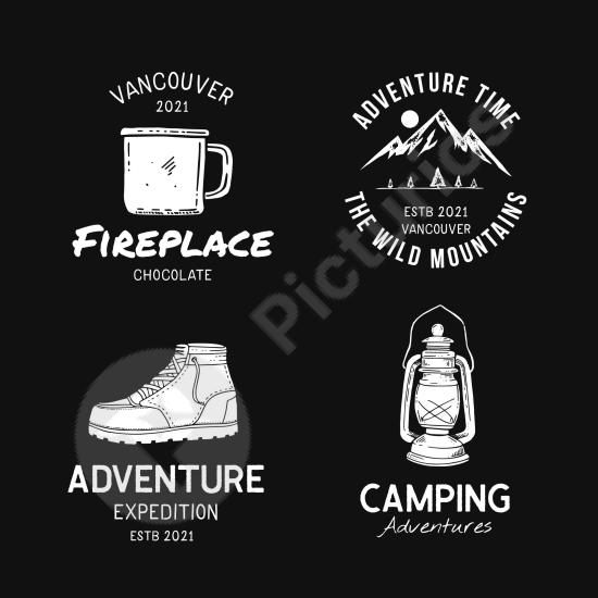 Set of hand-drawn adventure badges. Ideal for outdoor branding, camping gear, travel designs, and nature-themed projects.