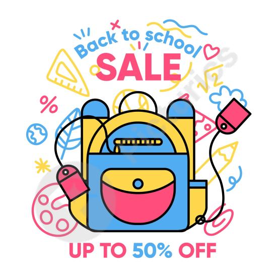 Flat design back-to-school sale illustration. Perfect for educational promotions, seasonal discounts, and creative marketing projects.