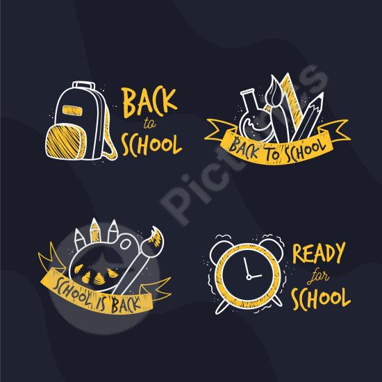 Flat design back-to-school label set. Ideal for educational branding, classroom projects, and creative school-themed designs.