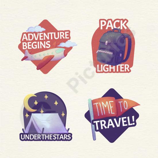 Beautiful watercolor adventure badge collection. Perfect for outdoor branding, travel projects, and creative nature-inspired designs.