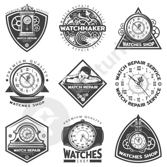 Vintage watch repair label set with retro style badges, perfect for clock shops, service branding, and classic design projects.