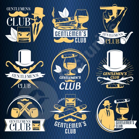 Set of colorful gentlemen club labels with vintage style, ideal for branding, luxury identity, retro emblem designs, and elegant decoration use.