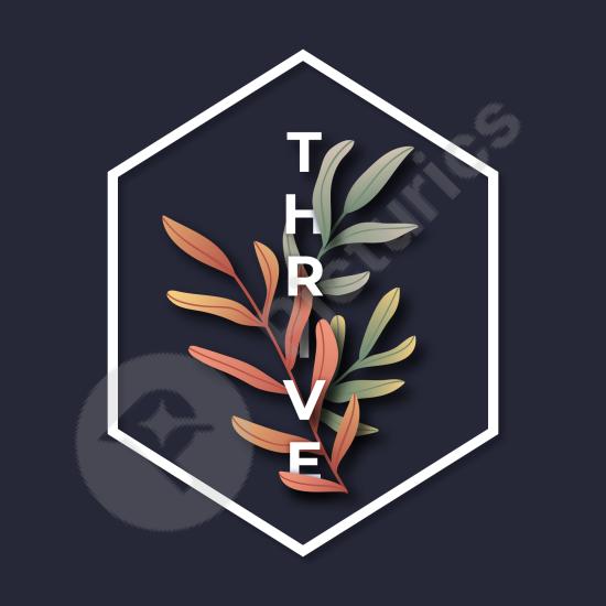 Minimalist spring leaves with the word "Thrive," symbolizing growth, renewal, and nature-inspired design for creative projects.