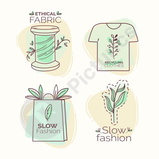 Collection of flat style slow fashion badges, perfect for sustainable clothing branding, eco-friendly labels, and modern design projects.