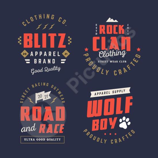 Collection of retro clothing badges with vintage style, perfect for fashion branding, apparel labels, and nostalgic design projects.