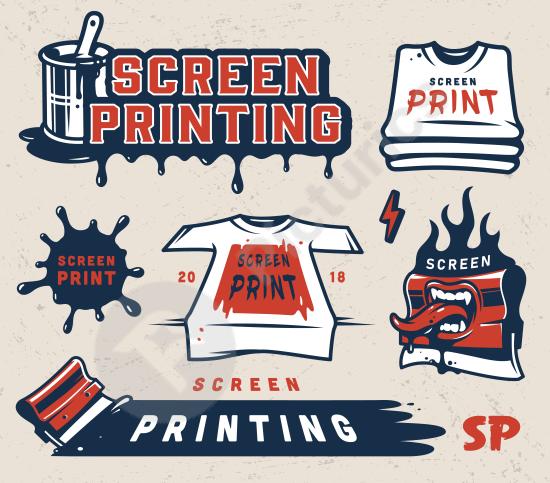 Set of vintage screen printing badges with retro style, perfect for logos, apparel design, branding, and creative graphic projects.