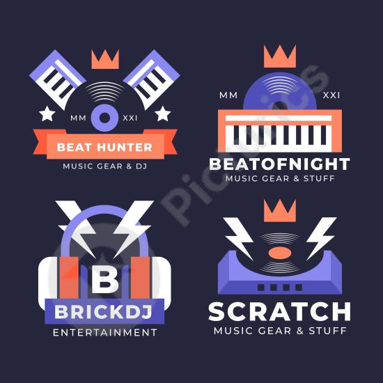 Flat design DJ logo collection in vector format, ideal for music branding, events, electronic artists, and creative projects.