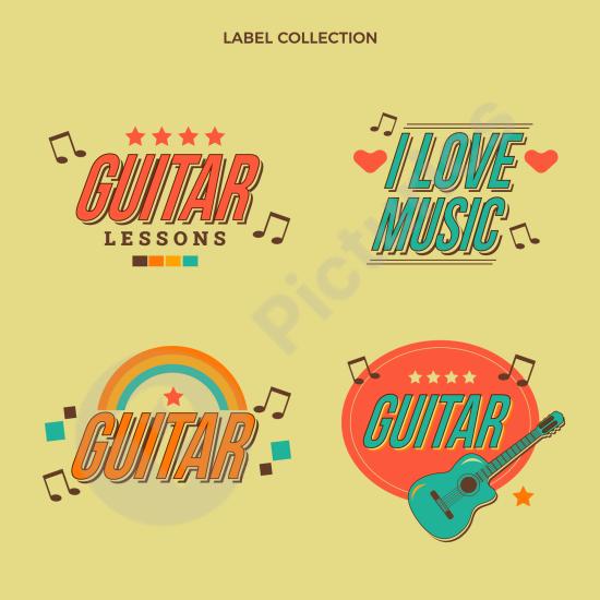 Flat vintage guitar lesson labels collection, perfect for music classes, retro design projects, and educational materials.
