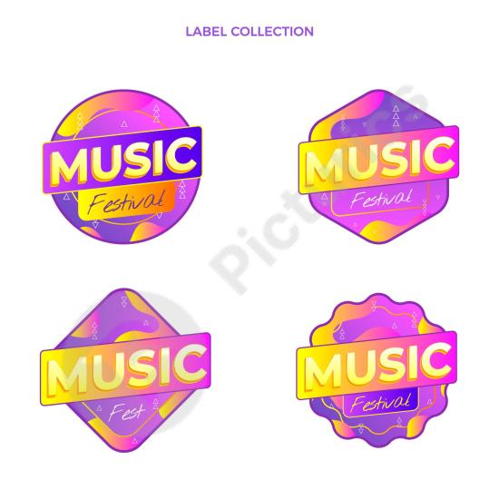 Colorful gradient music festival labels, ideal for event branding, party decorations, and creative design projects.