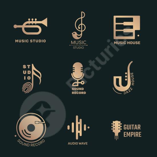 Elegant minimal music logo vector in black and gold, perfect for DJs, bands, and audio branding projects.