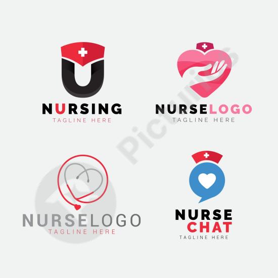 Collection of flat nurse logo templates designed for healthcare, hospitals, clinics, wellness centers, and medical branding projects.