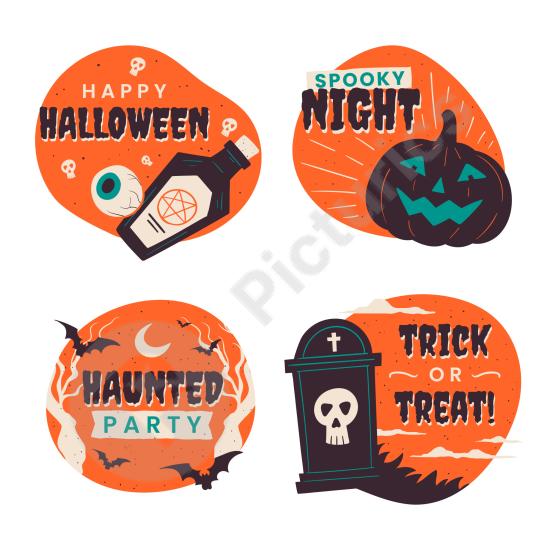 Collection of hand-drawn vintage Halloween labels with retro spooky style, perfect for stickers, prints, and holiday design projects.