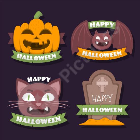 Flat design spooky labels with a fun Halloween style, ideal for stickers, posters, and holiday design projects.