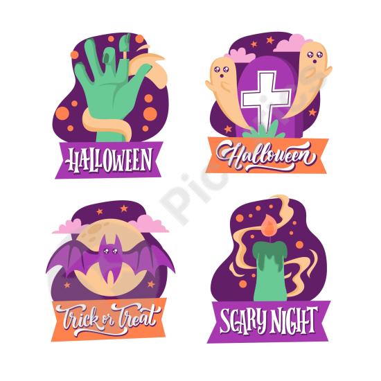 Collection of flat hand-drawn Halloween labels with spooky style, ideal for stickers, posters, packaging, and festive design projects.