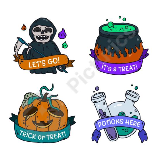Hand-drawn Halloween labels collection with spooky vintage style, perfect for stickers, posters, packaging, and seasonal design projects.