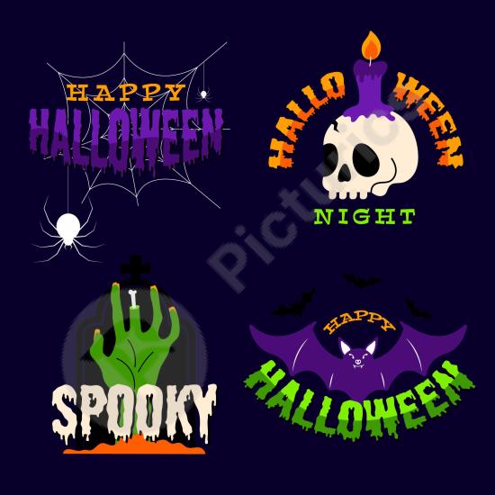 Collection of flat Halloween badges with spooky style, ideal for stickers, posters, packaging, and seasonal holiday design projects.