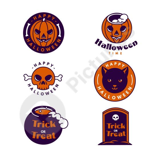 Collection of flat design Halloween badges with spooky style, perfect for stickers, posters, packaging, and seasonal creative projects.