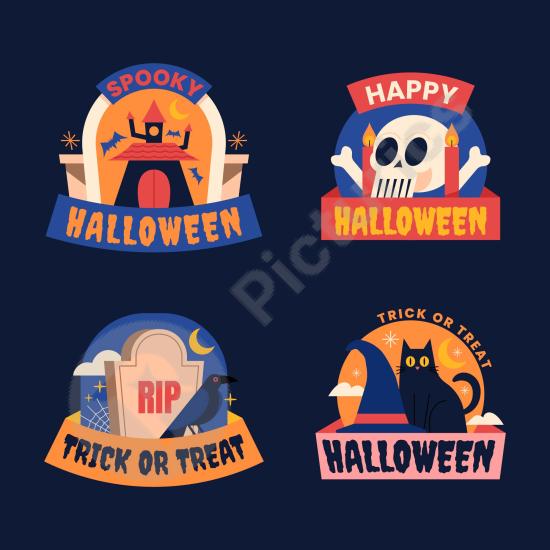 Collection of flat hand-drawn Halloween labels with spooky style, ideal for stickers, posters, packaging, and holiday design projects.