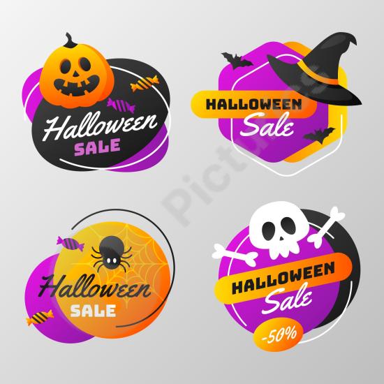 Collection of Halloween sale labels with gradient design, ideal for discounts, promotions, stickers, posters, and holiday marketing projects.