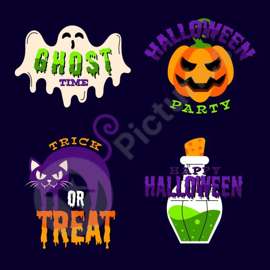 Collection of flat Halloween badges with spooky style, perfect for stickers, posters, packaging, and seasonal holiday design projects.