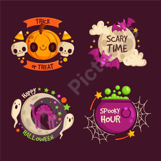 Collection of flat Halloween badges with spooky style, perfect for stickers, posters, packaging, and seasonal holiday design projects.