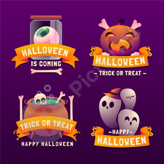 Collection of Halloween gradient sale labels, perfect for promotions, discounts, stickers, posters, and festive holiday marketing projects.