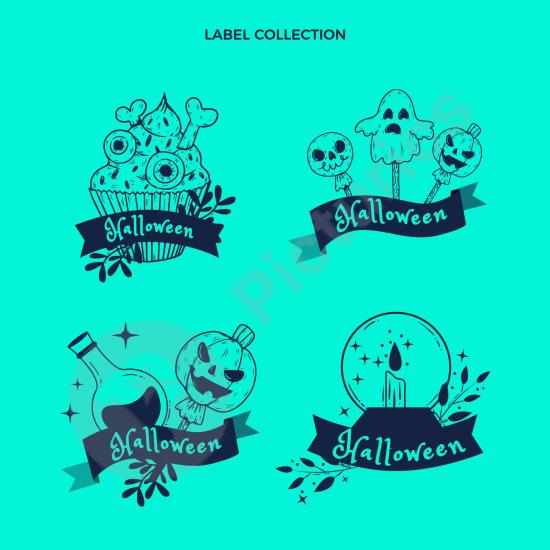 Collection of flat hand-drawn Halloween labels with spooky style, perfect for stickers, posters, packaging, and holiday design projects.
