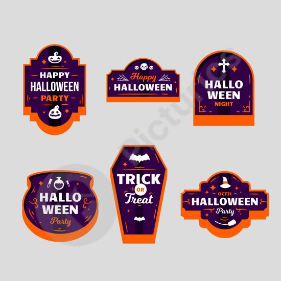Pack of flat design Halloween labels with spooky style, perfect for stickers, posters, packaging, and seasonal holiday design projects.