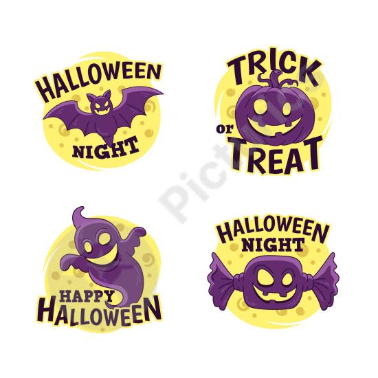 Collection of hand-drawn Halloween labels with spooky vintage style, perfect for stickers, posters, packaging, and holiday design projects.